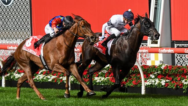 Jonker holds off Bella Nipotina to win the Manikato Stakes at The Valley. Picture: Racing Photos via Getty Images