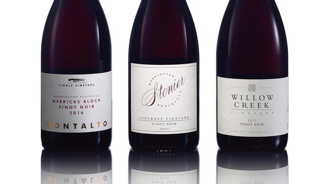 2016 Montalto Single Vineyard Merricks Block Mornington Peninsula Pinot Noir; 2017 Stonier Lyncroft Vineyard Mornington Peninsula Pinot Noir; 2017 Willow Creek Vineyard Mornington Peninsula Pinot Noir