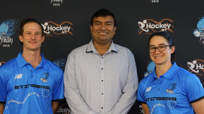 NT Sport Minister Jinson Charls with Territory Stingers players Adrian Lockley and Elizabeth Duguid.