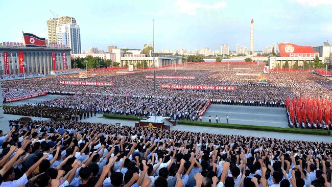 A rally in support of North Korea’s stance against the US in Kim Il-sung Square in Pyongyang. Picture: AFP/ KCNA via KNS