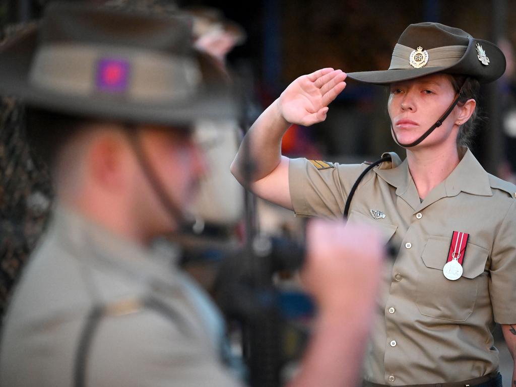 Cpl Amber Cook at the service Bray Park-Strathpine RSL sub branch ANZAC day dawn service. Thursday April 25, 2024. Picture, John Gass