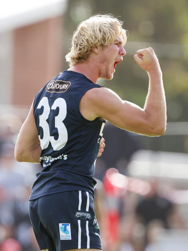 Jason Horne-Francis celebrates a goal for the Panthers in April this year. Picture: SANFL Image