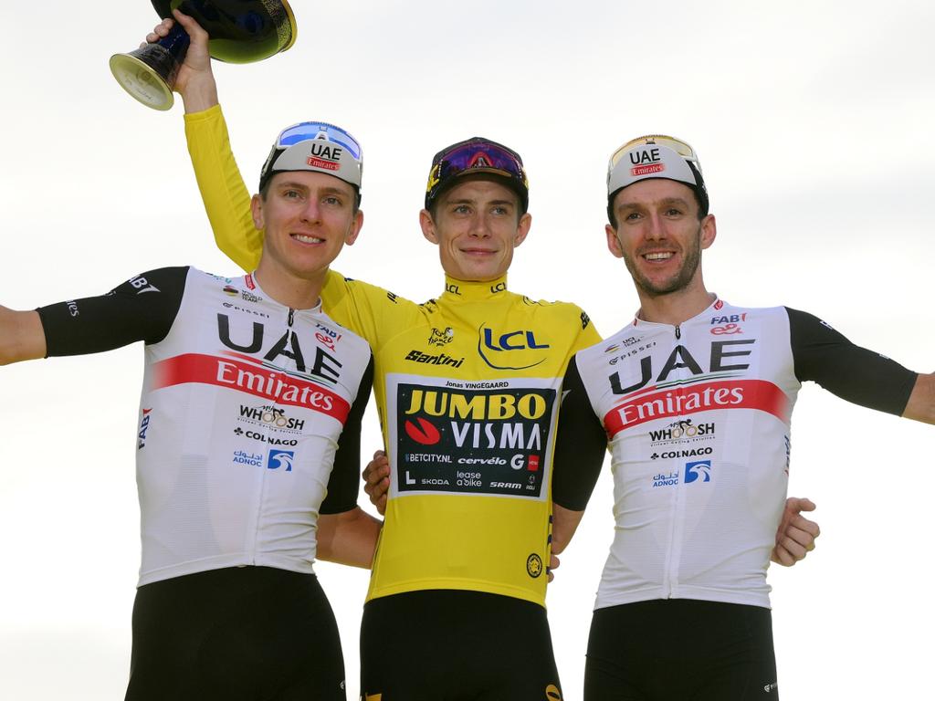 The podium (L-R): Tadej Pogacar in second place, race winner Jonas Vingegaard and Adam Yates in third place. Picture: David Ramos/Getty Images