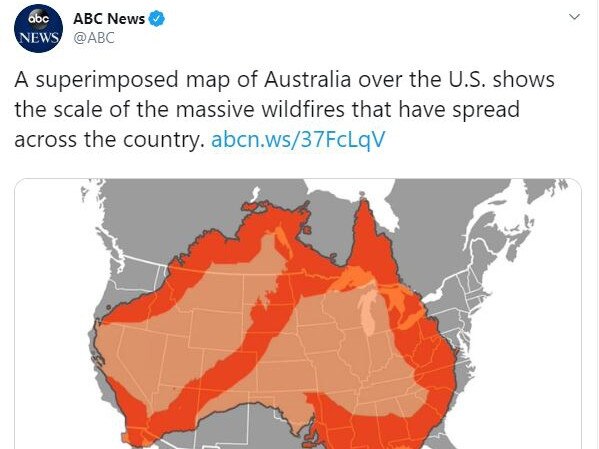 A misleading map showing the scale and spread of the bushfires was posted by ABC News (US) on January 6 but has since been taken down. It’s still being used on other news sites, however. Picture: Twitter