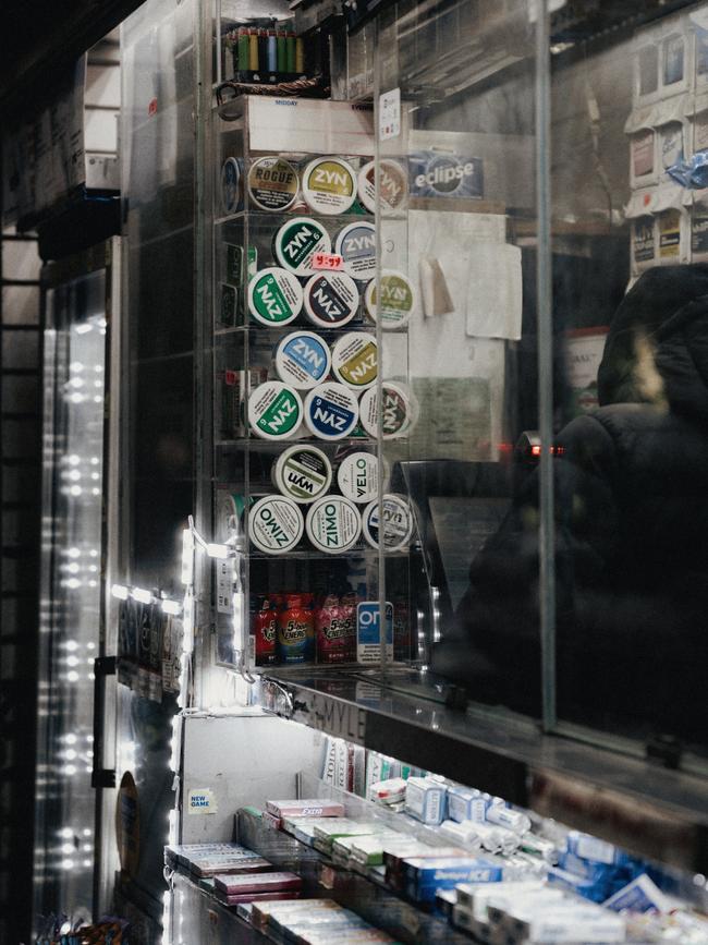 Zyn and other nicotine-pouch products for sale at a newsstand in New York. Picture: Timothy Mulcare for WSJ