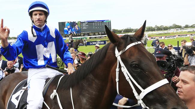 Hugh Bowman with Winx returns to scale after winning race 5 the Golden Slipper at Rosehill Gardens last year. Picture: Getty Images