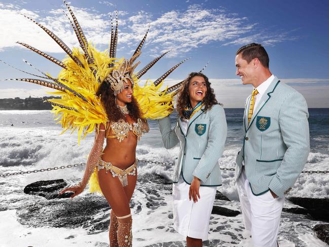 Aussie athletes Jessica Fox and Ed Jenkins pose in the Opening Ceremony uniforms with Brazilian dancer Sashya Jay for the 2016 Rio Olympic Games. Picture: Phil Hillyard