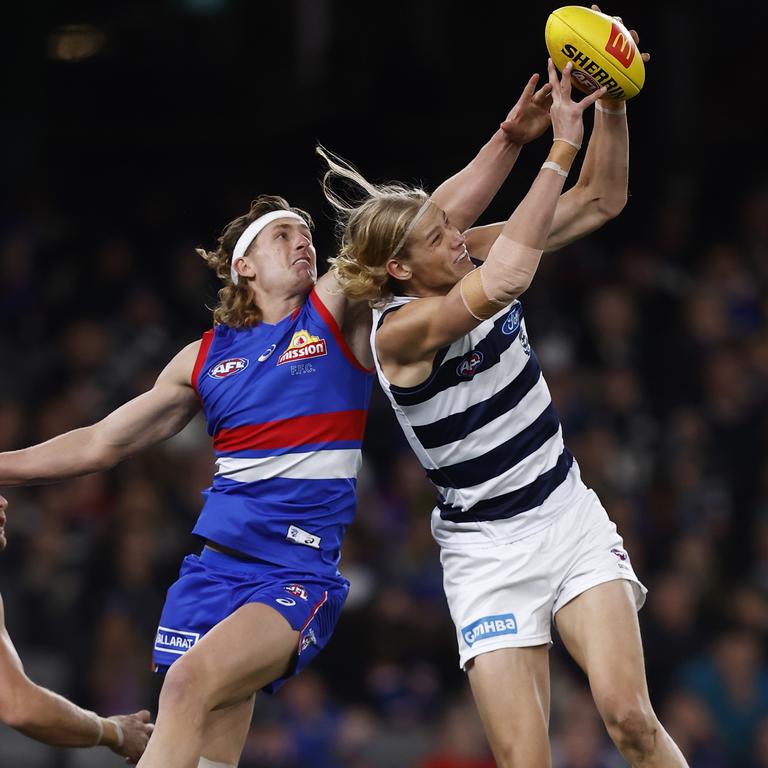 Sam De Koning marks the ball in a stunning shutdown of Aaron Naughton. Picture: Darrian Traynor/Getty Images