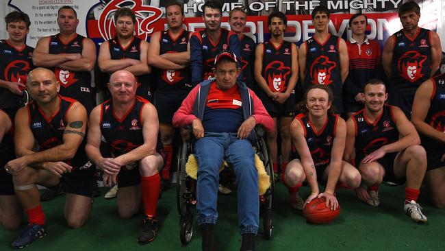 Daniel Harris with Berri Football Club players at Berri Memorial Oval. Picture: BERNARD HUMPHREYS