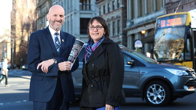 Lord Mayor Ron Christie and Chair of City Infrastructure Alderman Helen Burnet talking about the Draft Transport Strategy endorsed by Council last night. Picture: LUKE BOWDEN