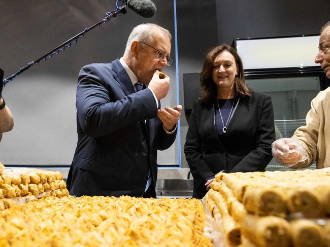 Prime Minister Scott Morrison and Maria Kovacic at Abla’s Pastries. Picture: Jason Edwards