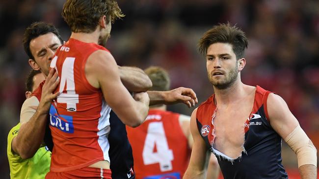 Dane Rampe confronts Tom Bugg on Friday night.