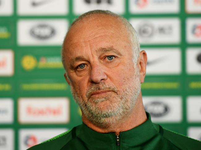 CANBERRA, AUSTRALIA - OCTOBER 09: Australia Head Coach Graham Arnold speaks to media during an Australian Socceroos training session and media opportunity at GIO Stadium on October 09, 2019 in Canberra, Australia. (Photo by Tracey Nearmy/Getty Images)