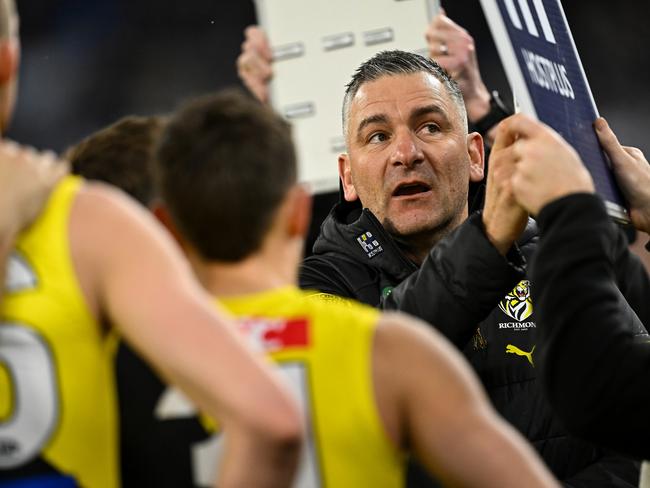 PERTH, AUSTRALIA - JULY 06: Adem Yze, Senior Coach of the Tigers addresses the players at the break during the 2024 AFL Round 17 match between the Fremantle Dockers and the Richmond Tigers  at Optus Stadium on July 06, 2024 in Perth, Australia. (Photo by Daniel Carson/AFL Photos via Getty Images)