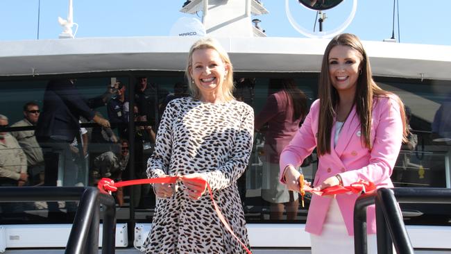 Federal Environment Minister Sussan Ley and Queensland Environment and Great Barrier Reef Minister Meaghan Scanlon cut the ribbon to unveil the $9.7m Reef Resilience vessel. Picture: Rodney Stevens