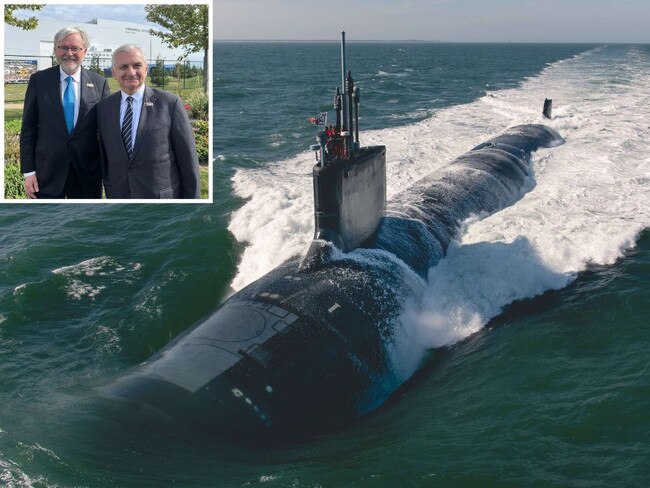 Australia's ambassador to the US Kevin Rudd with Democratic senator Jack Reed; Virginia-class attack submarine Montana