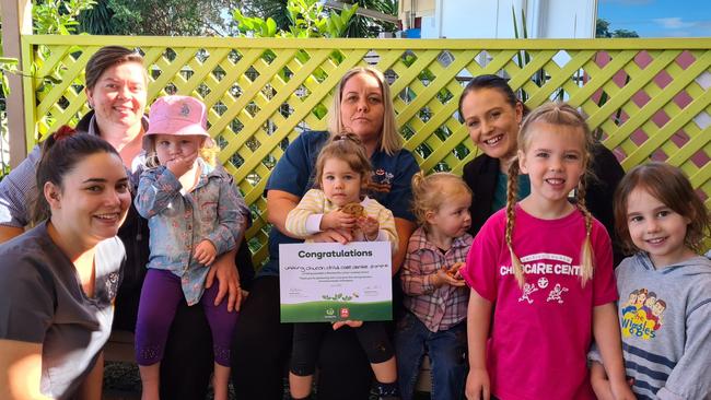 Receiving the grant from Woolworths at the Gympie Uniting Church Child Care Centre are Mikayla Dumschat, early childhood educator. Zara Toynton, Woolworths assistant manager, Indiana Stewart, Mia Primavera, Casey Margetts (lead educator), Aleigha Forbes,Tara Penfold (store manager), Piper Kraak and Eleanor Wilson.