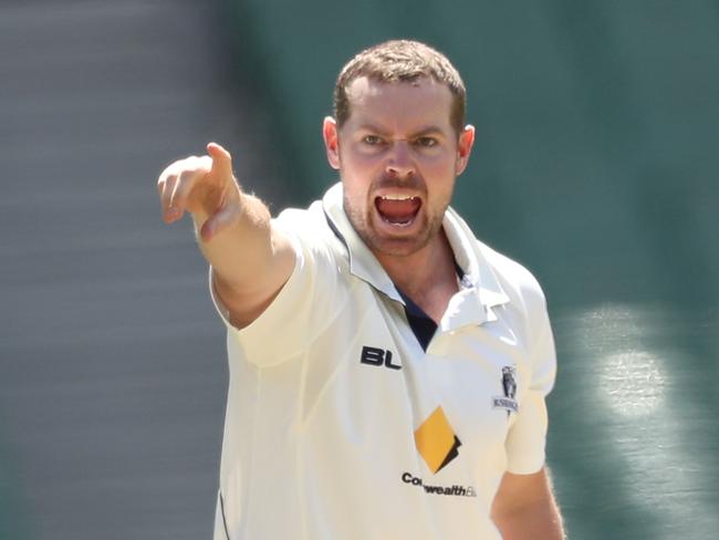 MELBOURNE, AUSTRALIA - OCTOBER 27:   Jon Holland of Victoria appeals during day three of the Sheffield Shield match between Victoria and Tasmania at the Melbourne Cricket Ground on October 27, 2016 in Melbourne, Australia.  (Photo by Scott Barbour/Getty Images)