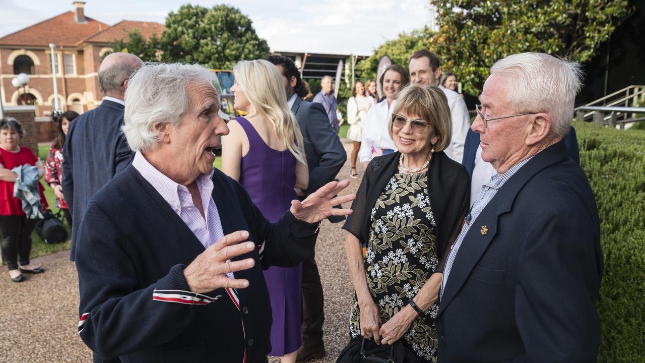 Henry Winkler talking with Heidi and Les Robinson before speaking to a sold-out crowd at the Empire Theatre for Toowoomba Hospital Foundation's Tilly’s Legends at their Game, Saturday, February 10, 2024. Picture: Kevin Farmer