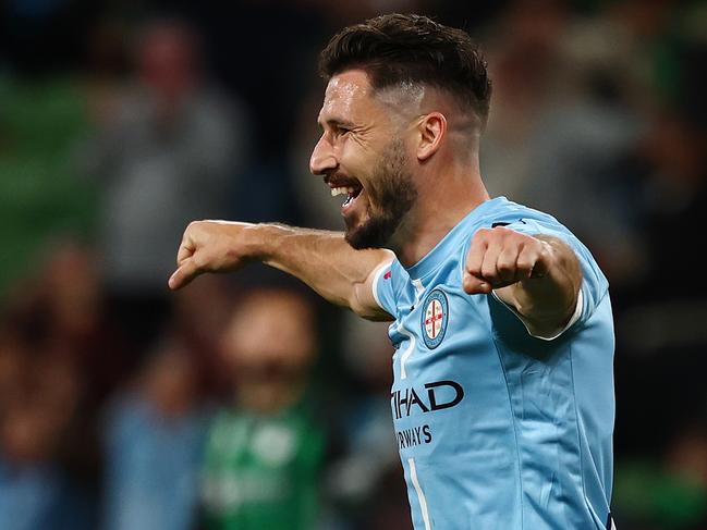 Mathew Leckie celebrates after scoring a goal for Melbourne City against Western United. Picture: Morgan Hancock/Getty Images