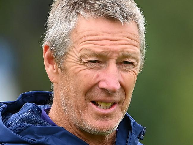 MELBOURNE, AUSTRALIA - MARCH 21: Craig Bellamy the coach of the Storm looks on during a Melbourne Storm NRL training session at Gosch's Paddock on March 21, 2023 in Melbourne, Australia. (Photo by Quinn Rooney/Getty Images)