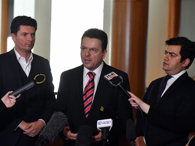 Greens Senator Scott Ludlam, Nick Xenophon Team leader Senator Nick Xenophon (centre) and Labor Senator Sam Dastyari (right) at a press conference in Canberra in May 10. Picture: AAP Image/Mick Tsikas