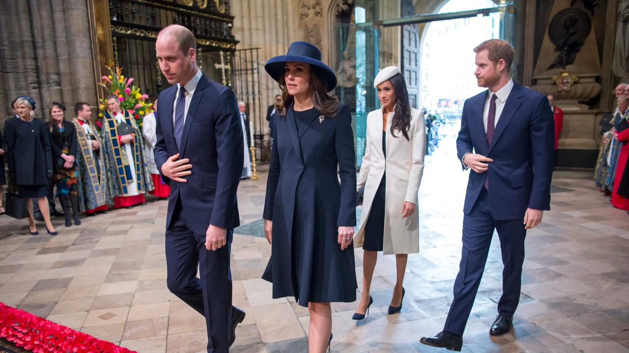 Prince William, Kate Middleton, Meghan Markle and Prince Harry are seen in March 2018, two months before the Sussexes' wedding. Picture: AFP PHOTO / POOL / Paul Grover