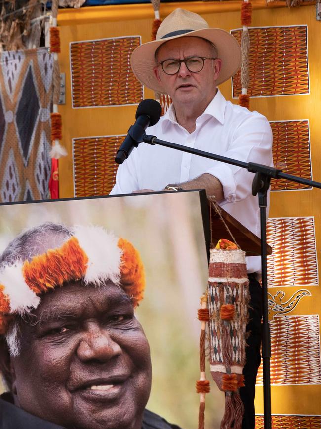 Prime Minister Anthony Albanese speaking at the funeral service of Yunupingu. Picture: Peter Eve / Yothu Yindi Foundation