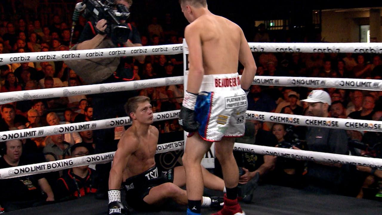 Dylan Biggs knocked down Nikita Tszyu in the very first round. Picture: Supplied