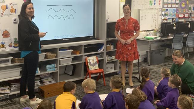 SCHOOL DEBATE: Keppel MP Brittany Lauga visits Farnborough prep school teacher Angela Hinds with Yellow Prep class. By the time they are high school age, the student population on the Capricorn Coast could potentially justify building a high school at Emu Park.