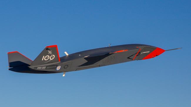 MQ-28A Ghost Bat pictured in flight during flight testing at Woomera, South Australia, 2021.