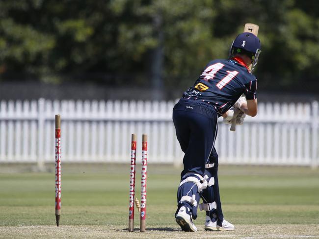 Matthew Higham is bowled by Thomas Walker. Picture Warren Gannon Photography