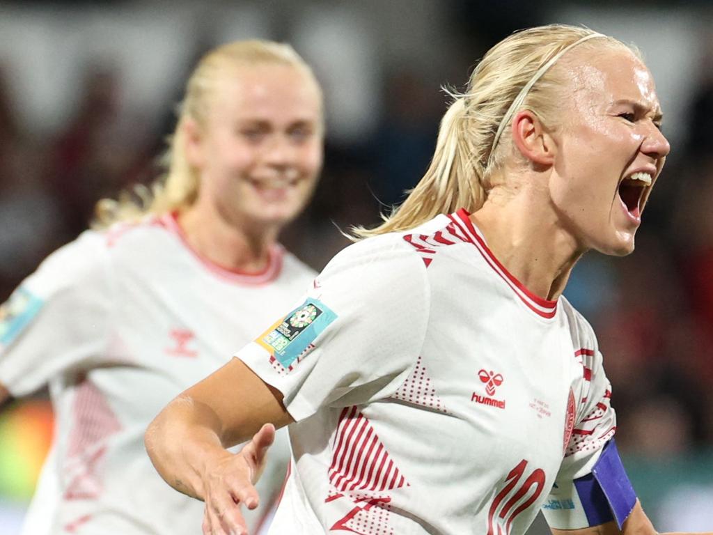 Denmark's forward #10 Pernille Harder celebrates scoring her team's first goal during the Australia and New Zealand 2023 Women's World Cup Group D football match between Haiti and Denmark at Perth Rectangular Stadium in Perth on August 1, 2023. (Photo by Colin MURTY / AFP)