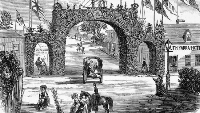 Arches were erected all over Melbourne for Prince Alfred’s visit in 1867. Picture: State Library Victoria.