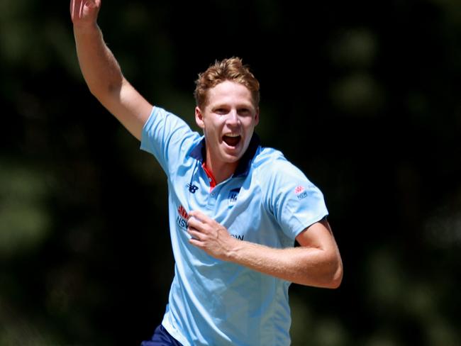 SYDNEY, AUSTRALIA - FEBRUARY 25: Jack Edwards of the Blues celebrates after taking the wicket of Sam Whiteman of Western Australia during the March One Day Cup Final match between New South Wales Blues and Western Australia at Cricket Central on February 25, 2024 in Sydney, Australia. (Photo by Jason McCawley/Getty Images)