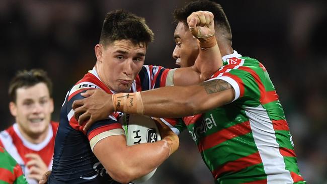 Victor Radley on the charge for the Roosters. Picture: AAP