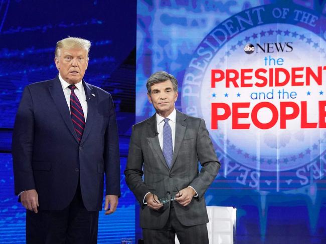 US President Donald Trump with news anchor George Stephanopoulos ahead of a town hall event at the National Constitution Center in Philadelphia, Pennsylvania on September 15, 2020. Picture: AFP