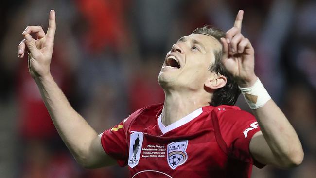 SOCCER - 30/10/18 - FFA CUP FINAL - Adelaide United v Sydney FC at Coopers Stadium. Craig Goodwin celebrates his second goal putting United back infront. Picture Sarah Reed