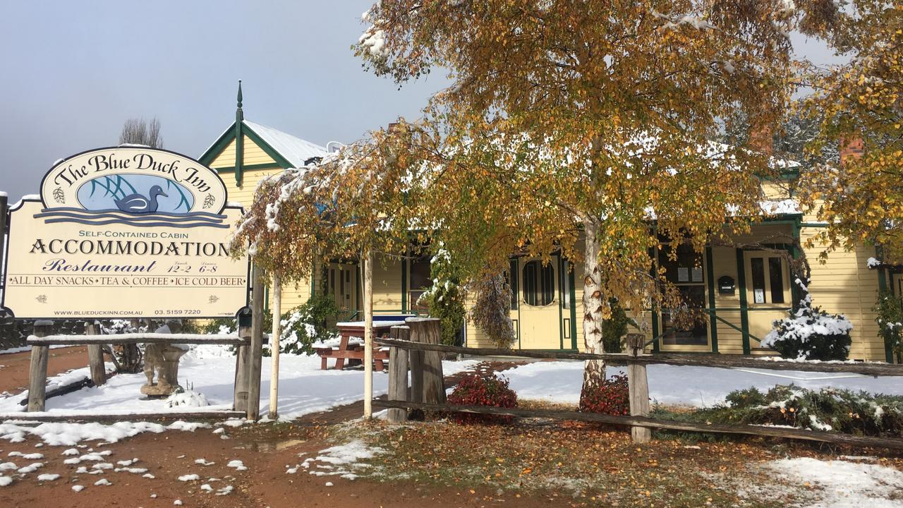 Snow settles at the Blue Duck Inn at Anglers Rest.