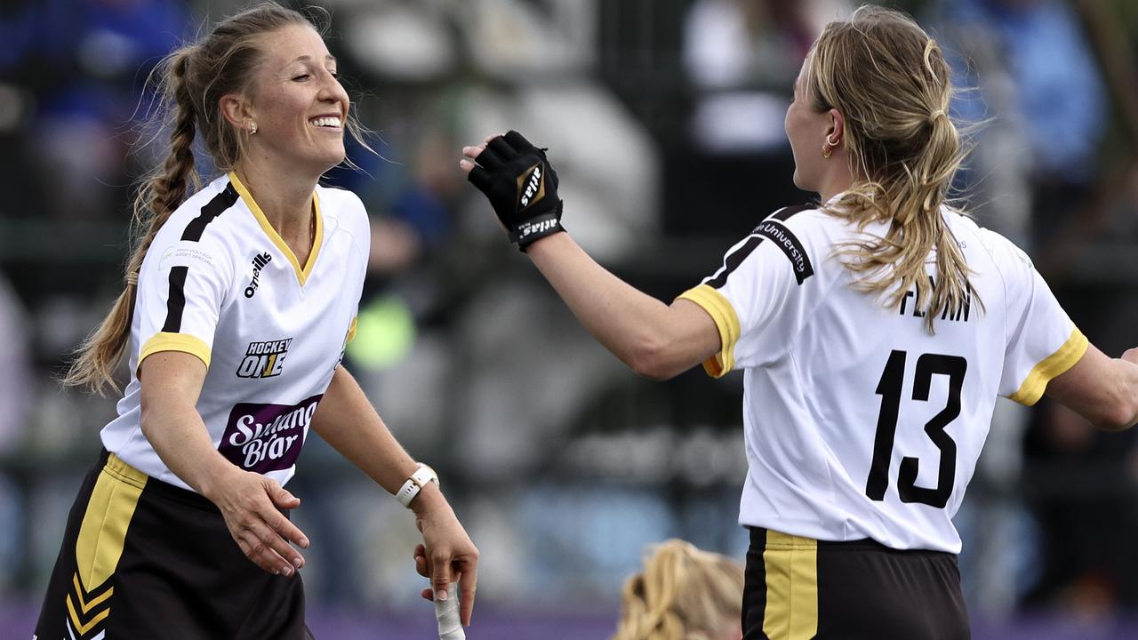 Goal machine Line Malan celebrates a Thundersticks goal with Neasa Flynn. Picture: Martin Keep/Getty Images