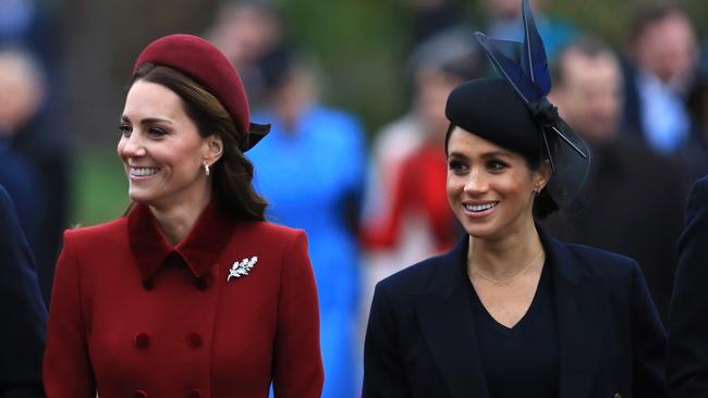 KING'S LYNN, ENGLAND - DECEMBER 25: Catherine, Duchess of Cambridge and Meghan, Duchess of Sussex arrive to attend Christmas Day Church service at Church of St Mary Magdalene on the Sandringham estate on December 25, 2018 in King's Lynn, England. (Photo by Stephen Pond/Getty Images)