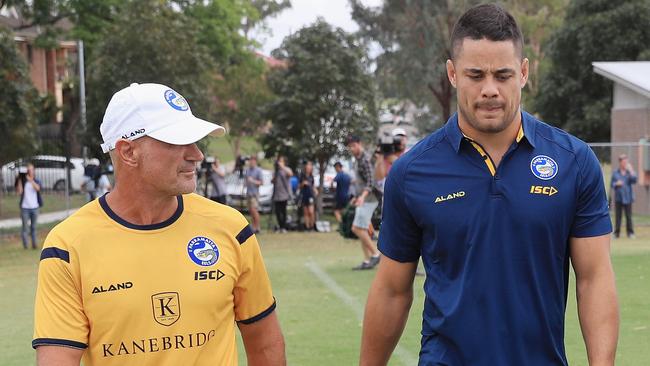 SYDNEY, AUSTRALIA — JANUARY 03: Jarryd Hayne and Coach Brad Arthur (L) after a press conference after Parramatta Eels training at Old Saleyards Reserve on January 3, 2018 in Sydney, Australia. (Photo by Mark Evans/Getty Images)