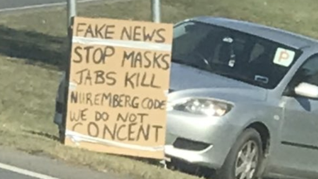 One of the rally’s signs, referencing the 1947 Nuremberg Code. Experts have repeatedly debunked claims the Code, which was replaced by the Helsinki Declaration in 1964, applies to Australia’s vaccine rollout.