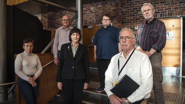 Concerned residents (from left) Pascale Egan, Peter Strickland, Janet Meibusch, Thomas Coyne, Shaen Egan and Allan Bruce before a TRC meeting to decide the future of the DHA Mount Lofty development, Wednesday, September 16, 2020. Picture: Kevin Farmer