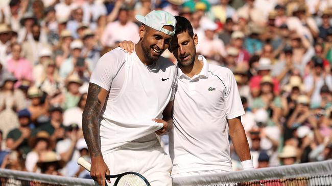 Novak Djokovic (R) embraces Nick Kyrgios after the 2022 Wimbledon final. Picture: Ryan Pierse/Getty