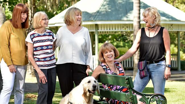 Friends Patricia Harris, Yvonne Harris, Tracey Ferguson, Donna Greenfield, Anne Atherton and dog Bundy love Ku-ring-gai. Picture: Troy Snook