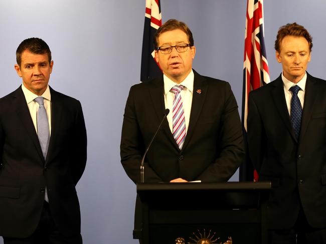 NSW Premier Mike Baird (left) and Deputy Premier Troy Grand announce their intention to shut down greyhound racing in NSW. Picture: Stephen Cooper