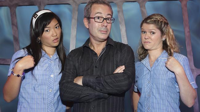 2011: Ben Elton on the set of his new show Live From Planet Earth with Michelle Lim Davidson and Kate McLennan. Picture: News Corp Australia. 