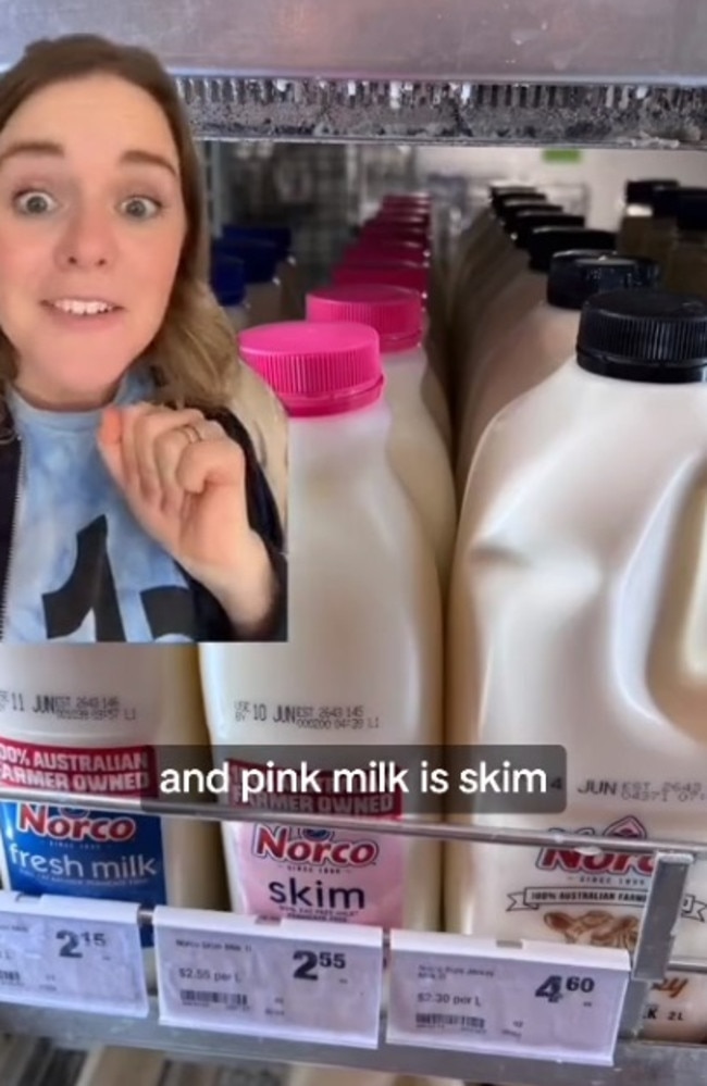 She described the colour system in Uasyralia as ‘confusing’ compared to the UK where they reportedly just have three different types of milk. Picture: TikTok/thejordanagrace