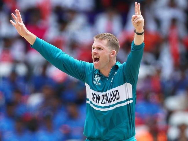 TAROUBA, TRINIDAD AND TOBAGO - JUNE 17: Lockie Ferguson of New Zealand celebrates the wicket of Charles Amini of Papua New Guinea during the ICC Men's T20 Cricket World Cup West Indies & USA 2024 match between New Zealand and Papua New Guinea at  Brian Lara Cricket Academy on June 17, 2024 in Tarouba, Trinidad And Tobago. (Photo by Ashley Allen/Getty Images) *** BESTPIX ***